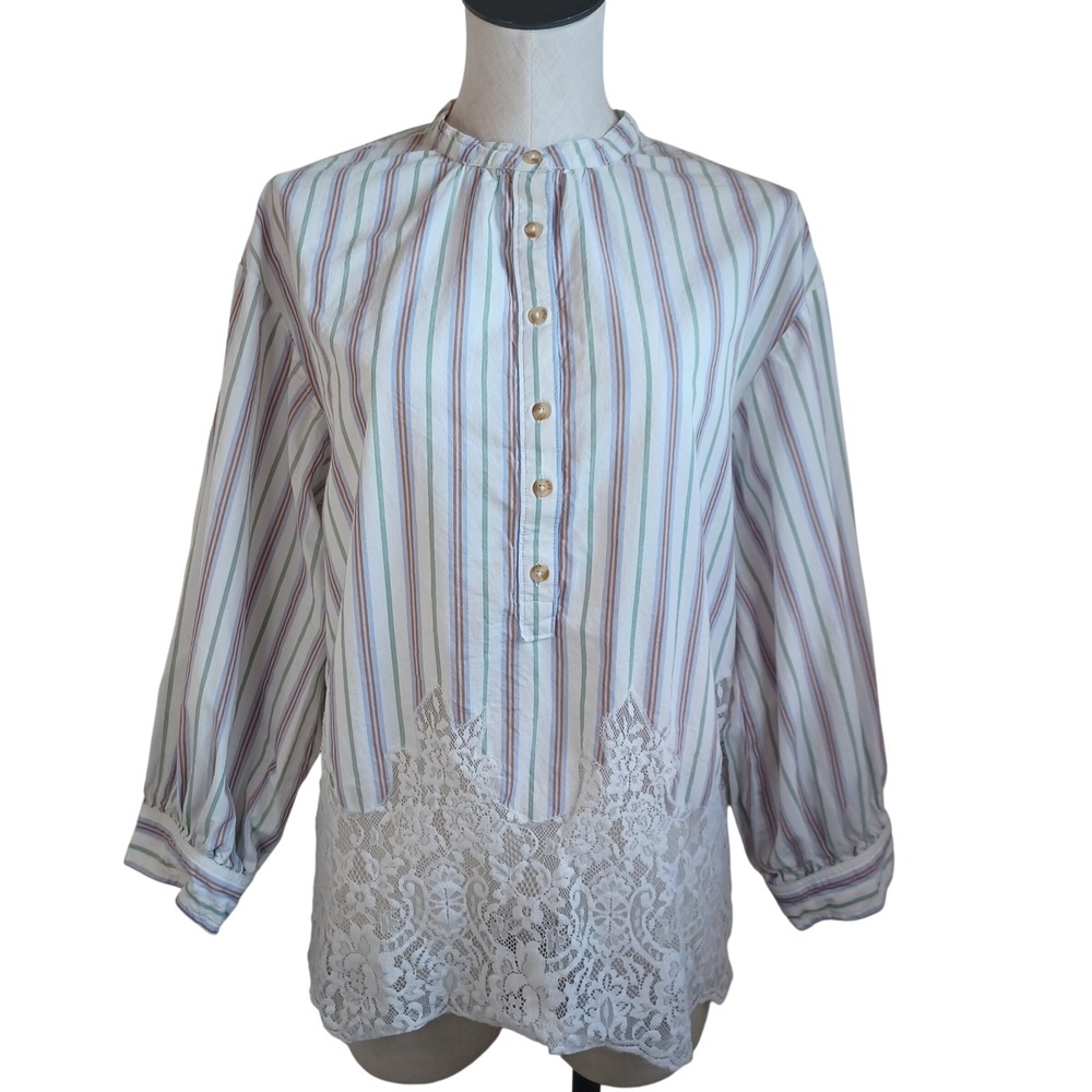 Pilcro Anthropologie Striped Lace Hem Button Up Blouse Small Blue Green